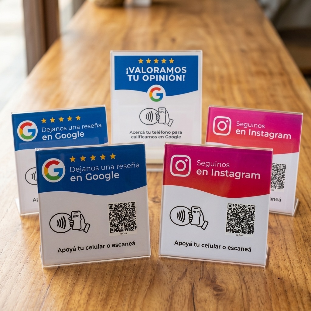Los carteles terminados, listos para entregar. Acrílico, chip NFC adentro y el QR impreso al lado.